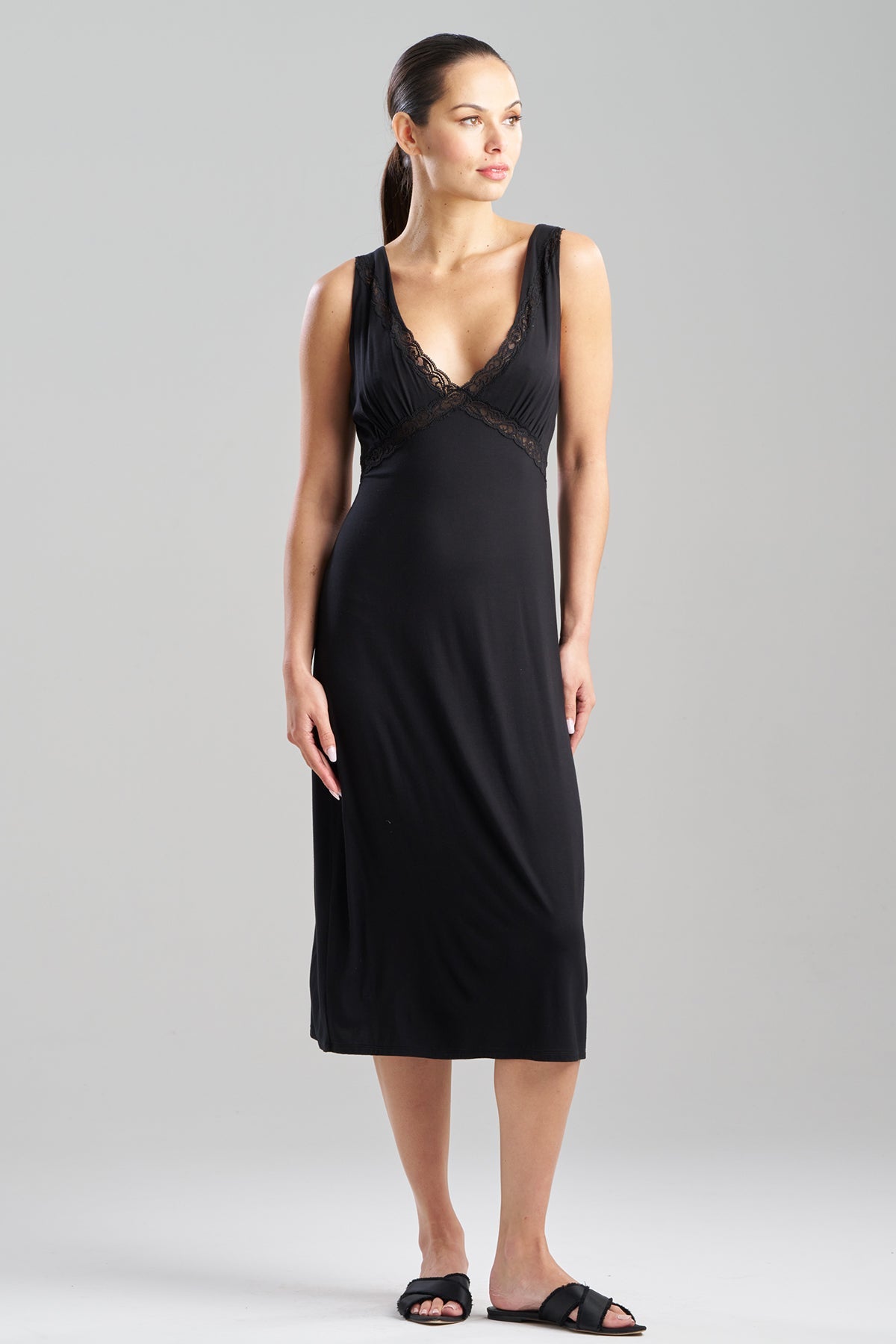 NATORI Buy Feathers Essentials Lenzing™ Ecovero™ Viscose Lace Applique Slip Dress in Black Online