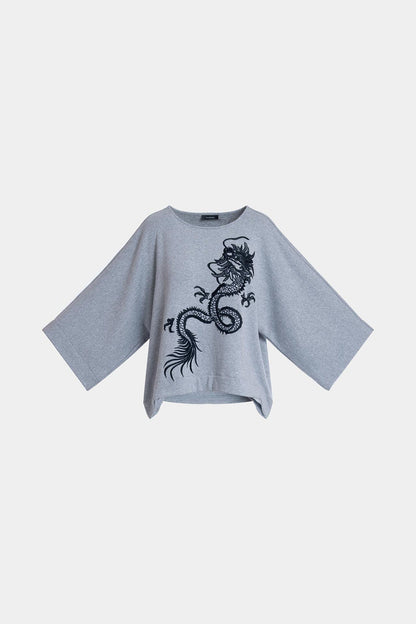 NATORI Cocoon Brushed French Terry Dragon Embroidered Kimono Top