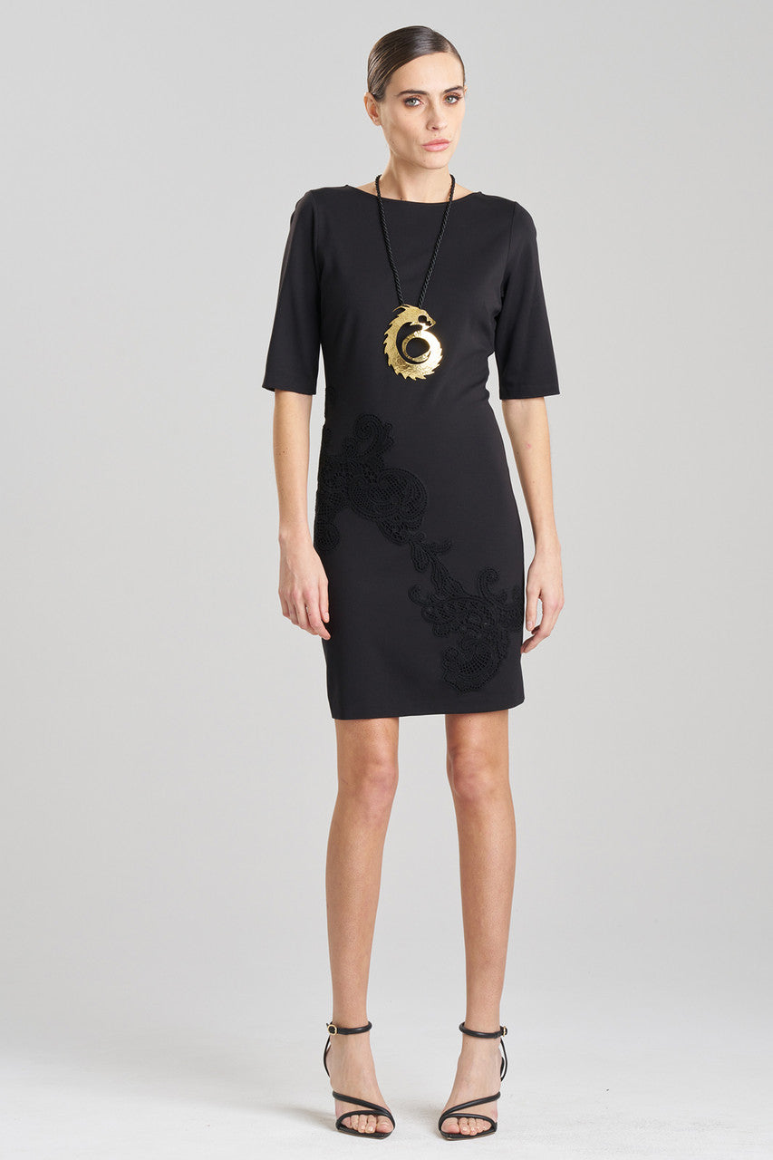 NATORI Buy Light Weight Ponte Embroidered Sheath Dress in Black Online