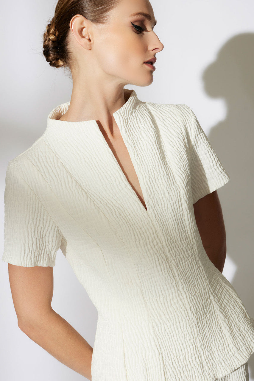NATORI Buy Textured Cotton Jacquard Pleated Top in White Online