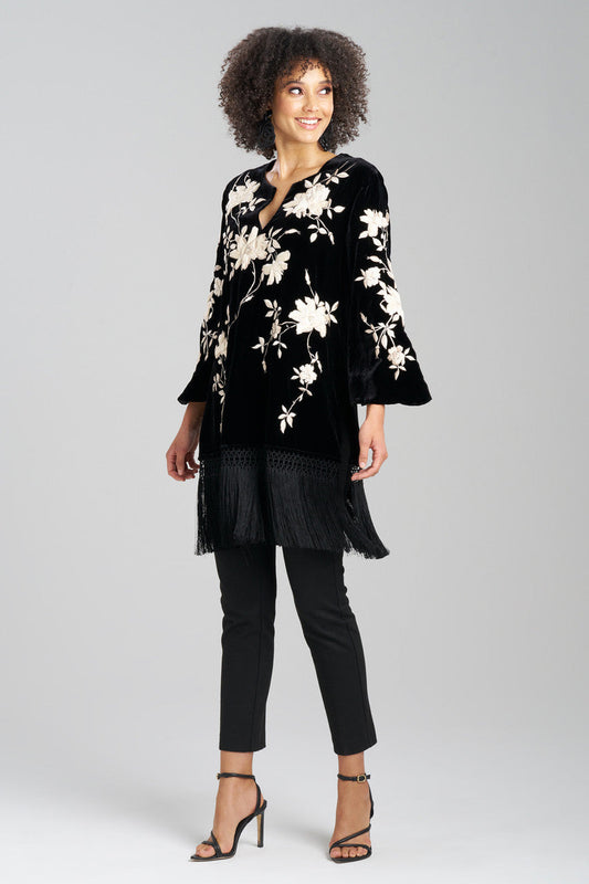 NATORI Buy Couture Velvet Silk Embroidered Fringe Tunic in Black Online
