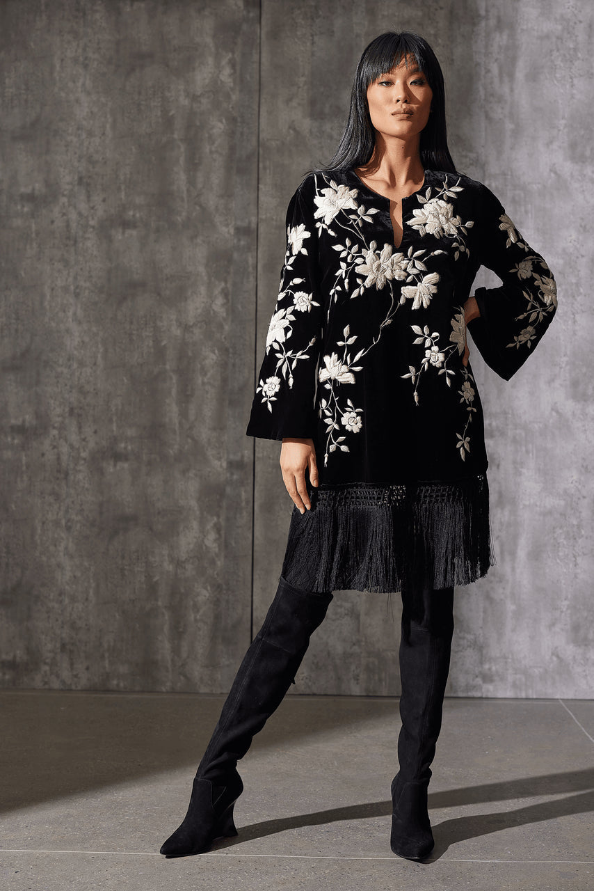 NATORI Buy Couture Velvet Silk Embroidered Fringe Tunic in Black Online