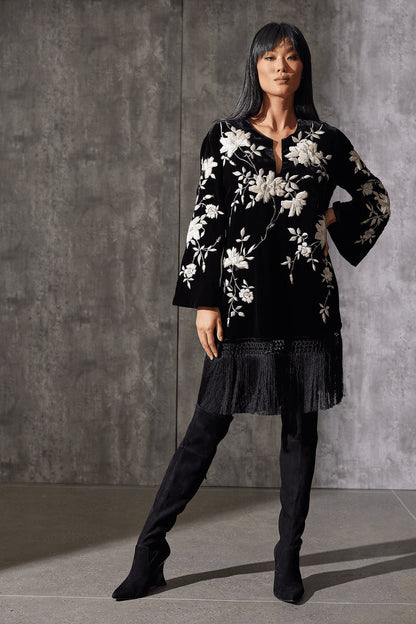NATORI Buy Couture Velvet Silk Embroidered Fringe Tunic in Black Online