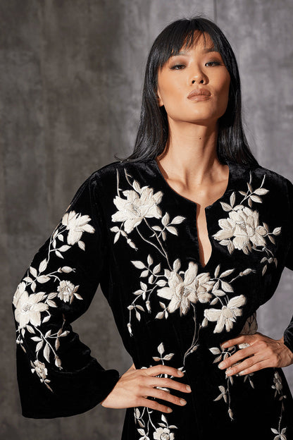 NATORI Buy Couture Velvet Silk Embroidered Fringe Tunic in Black Online