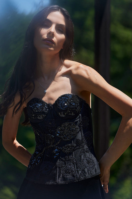 NATORI Buy Floral Beaded Corset in Black Online