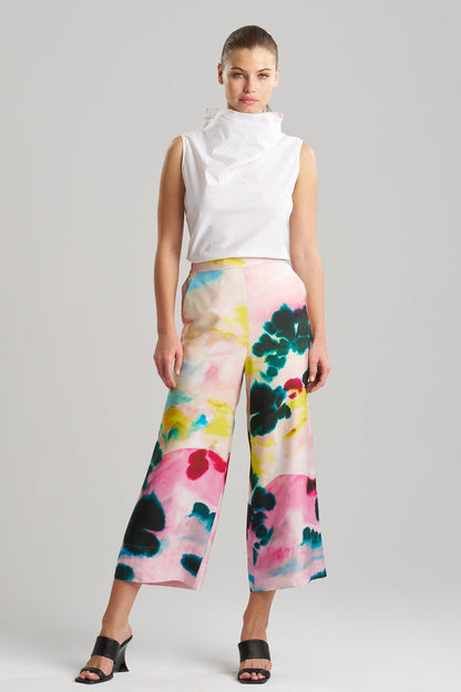NATORI Akiko Printed Cotton Silk Twill Cropped Pull On Pants