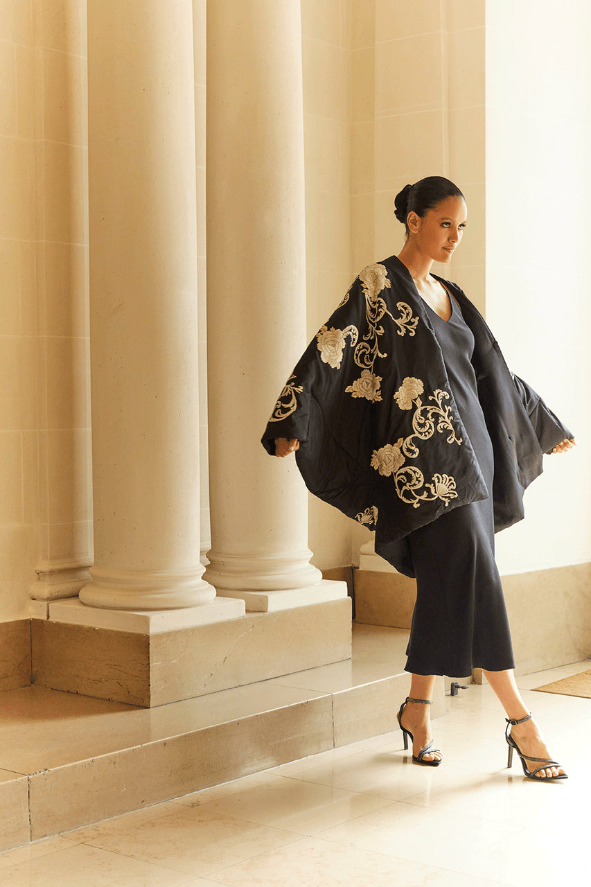 NATORI Buy Couture Silk Taffeta Embroidered Coat in Black Online