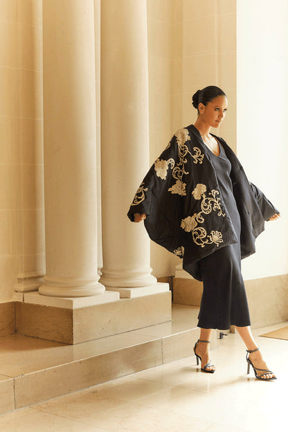 NATORI Buy Couture Silk Taffeta Embroidered Coat in Black Online