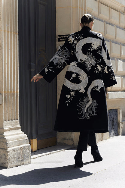 NATORI Buy Couture Felt Embroidered Dragon Coat in Black Online
