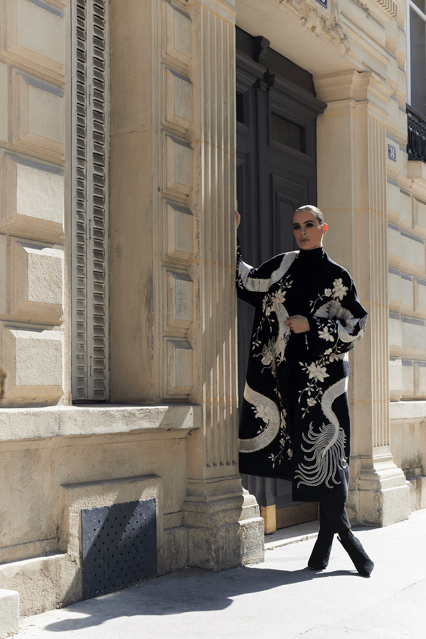 NATORI Buy Couture Felt Embroidered Dragon Coat in Black Online