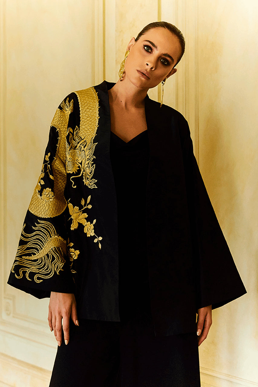 NATORI Buy Couture Silk Taffeta Embroidered Dragon Coat in Black Online