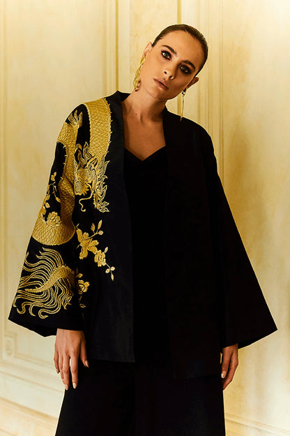 NATORI Buy Couture Silk Taffeta Embroidered Dragon Coat in Black Online