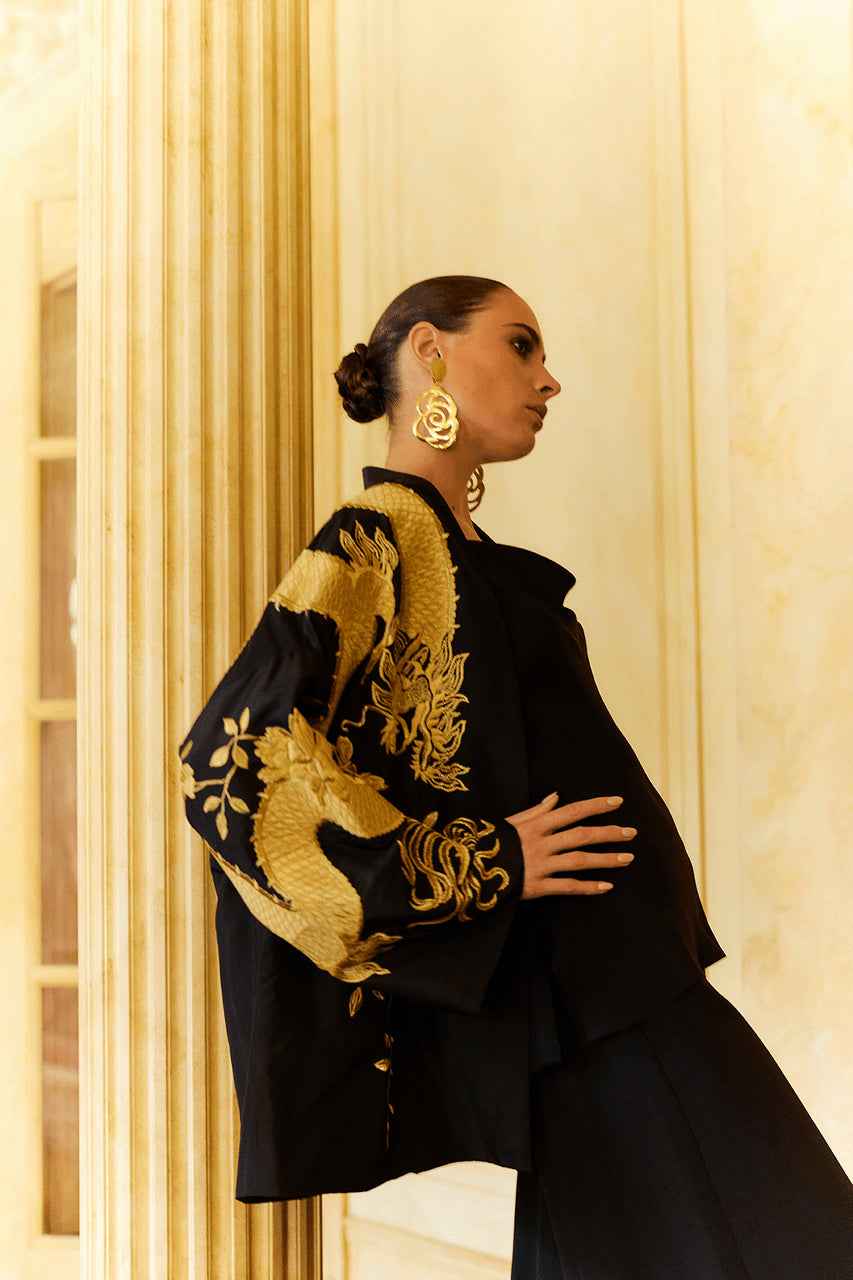 NATORI Buy Couture Silk Taffeta Embroidered Dragon Coat in Black Online