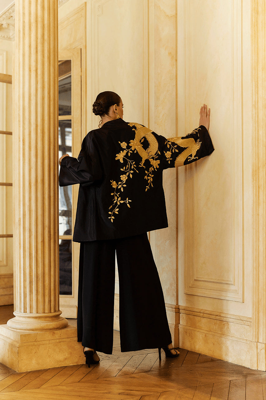 NATORI Buy Couture Silk Taffeta Embroidered Dragon Coat in Black Online