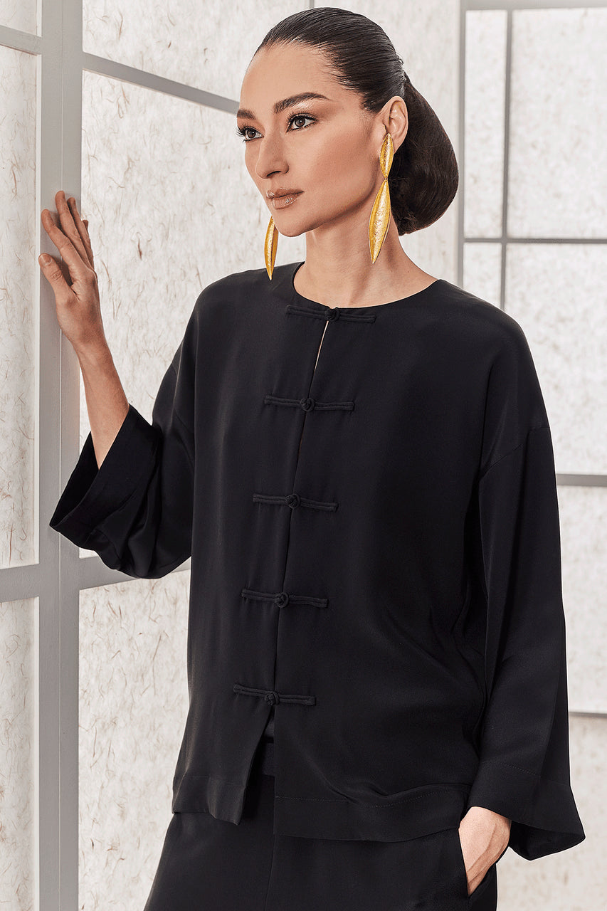 NATORI Buy Couture Silk Crepe Mandarin Jacket in Black Online