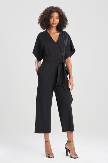 NATORI Buy Light Weight Ponte Kimono V-Neck Jumpsuit in Black Online