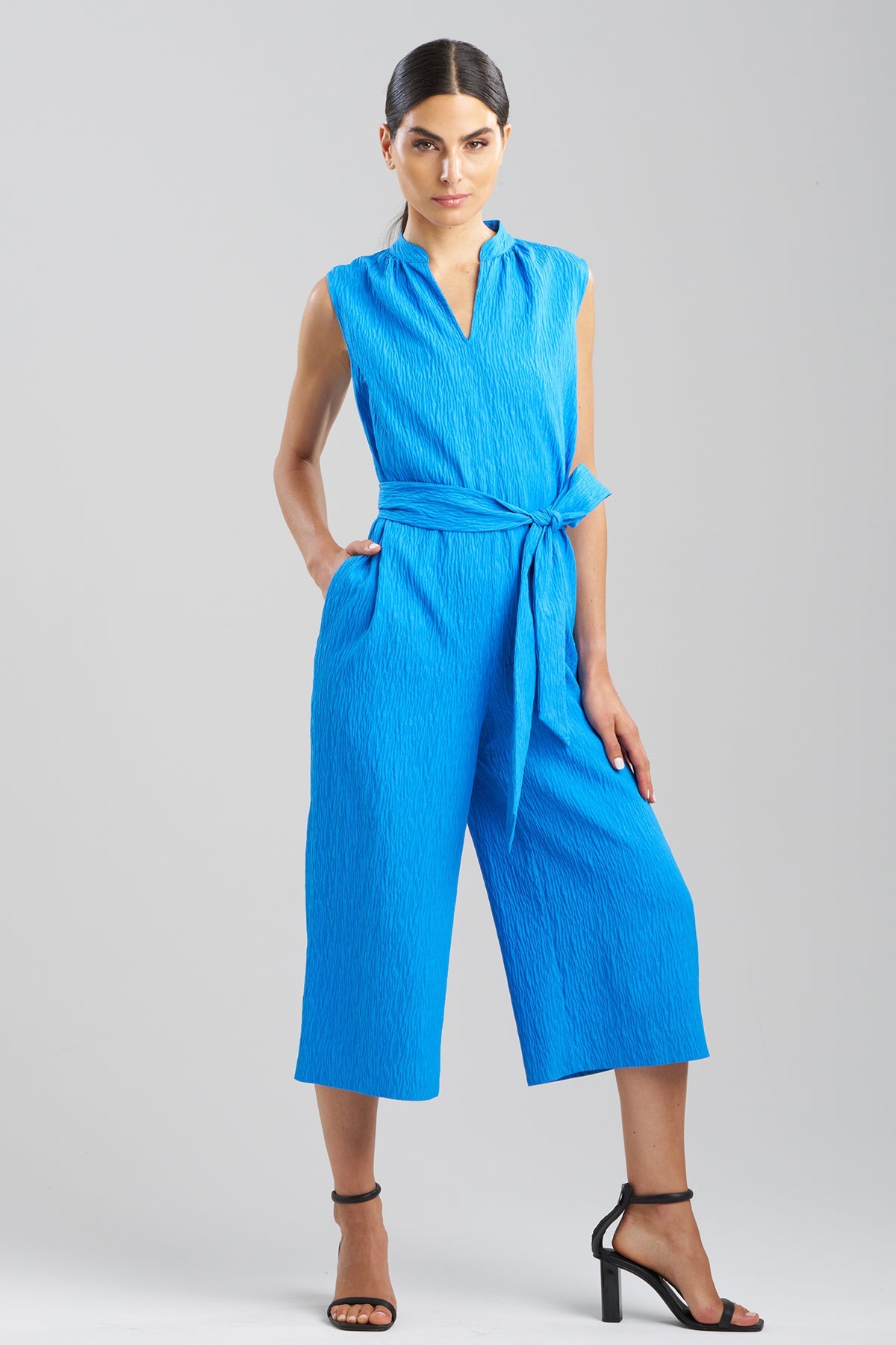 NATORI Textured Jacquard Mandarin Jumpsuit