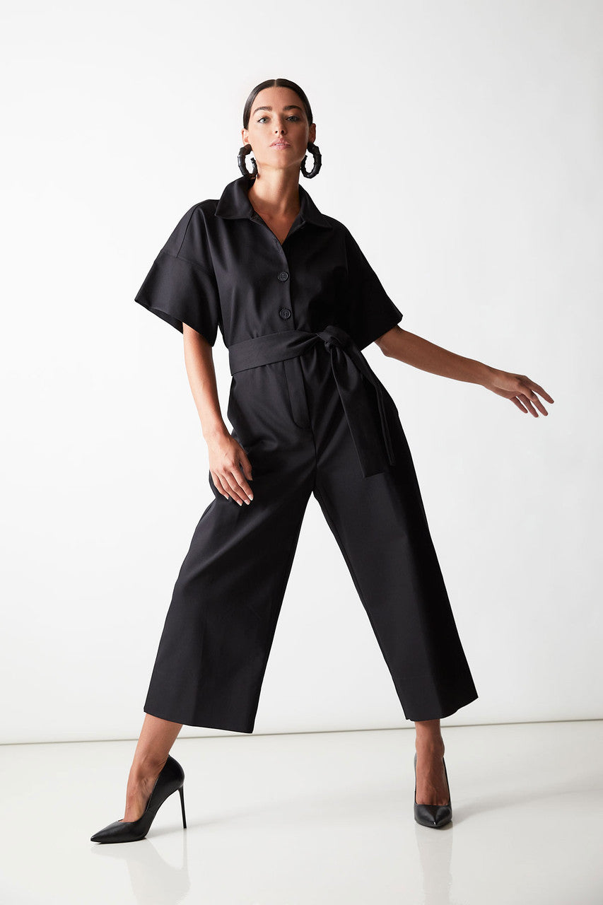 NATORI Buy Stretch Cotton Blend Crop Jumpsuit in Black Online