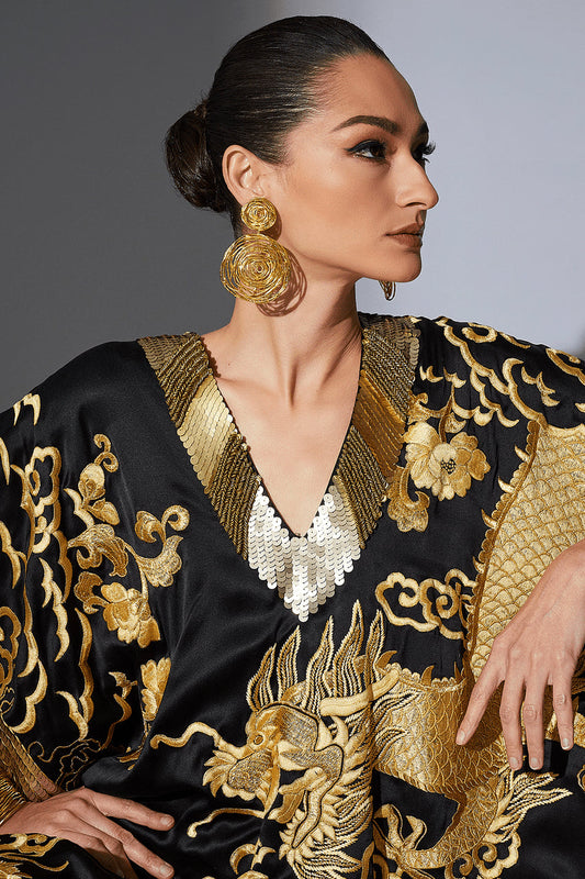 NATORI Buy Couture Embroidered Dragon Caftan in Black Online