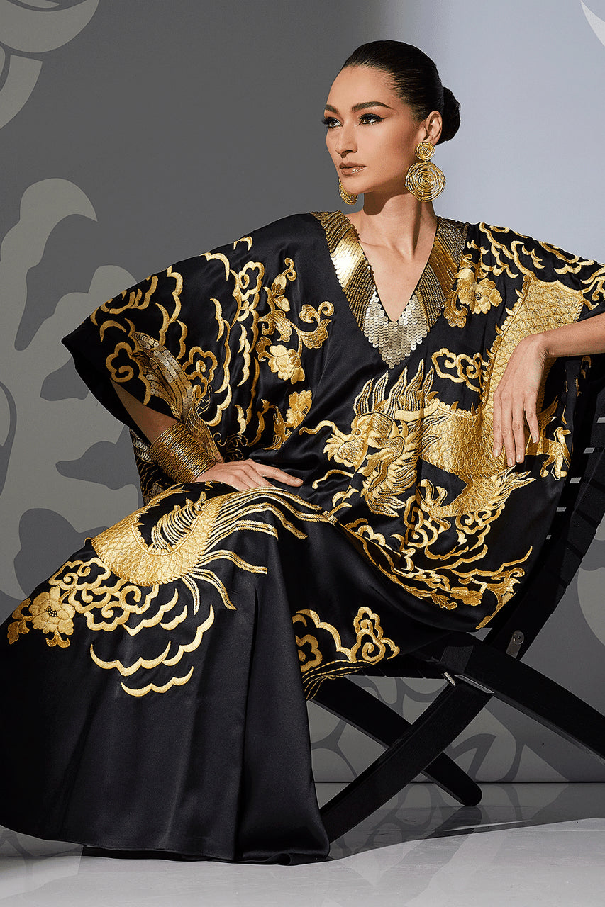 NATORI Buy Couture Embroidered Dragon Caftan in Black Online