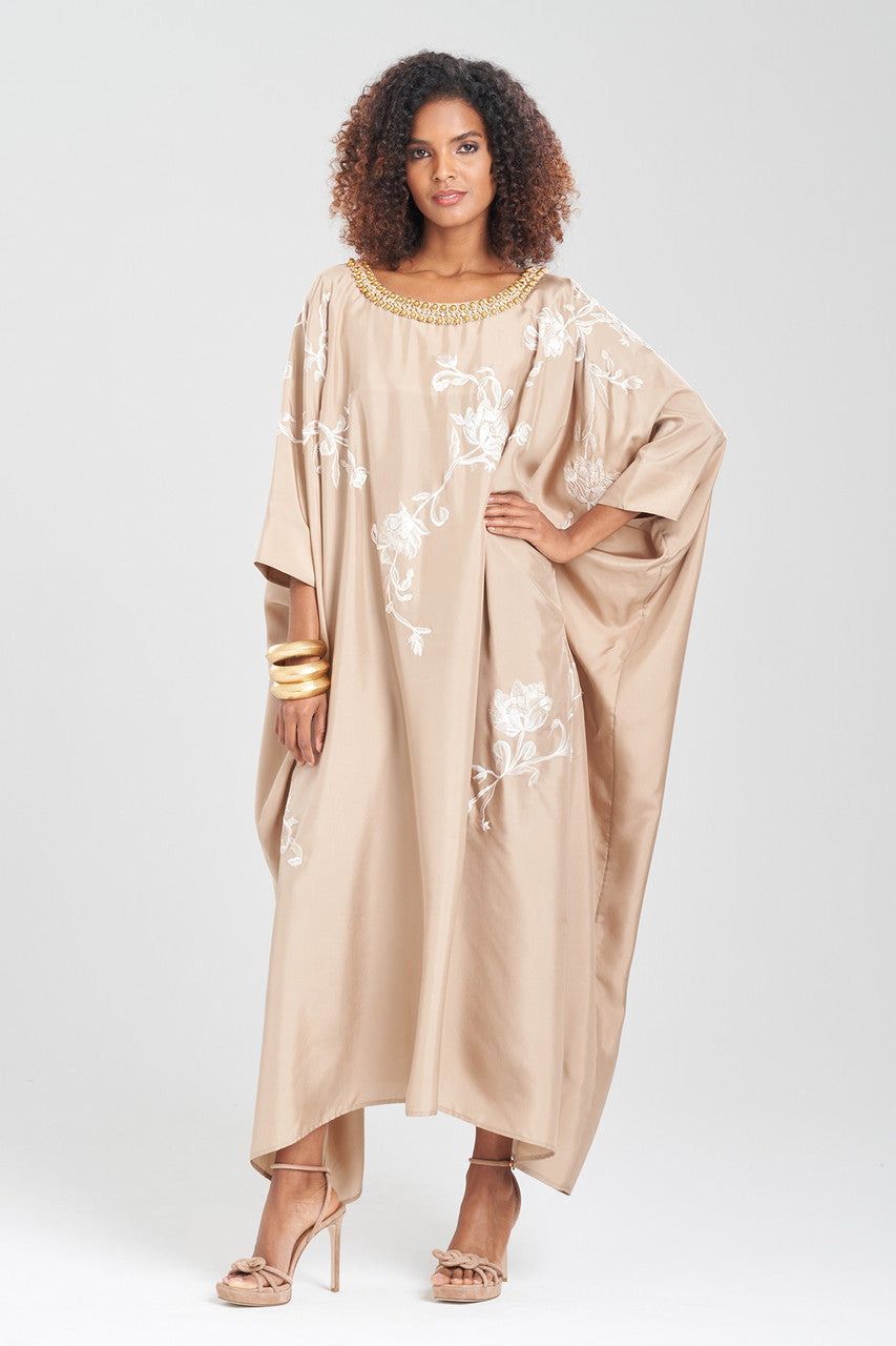 NATORI Buy Shinjo Habotai Embroidered Silk Caftan in Latte Online