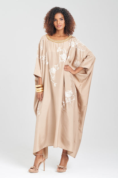 NATORI Buy Shinjo Habotai Embroidered Silk Caftan in Latte Online