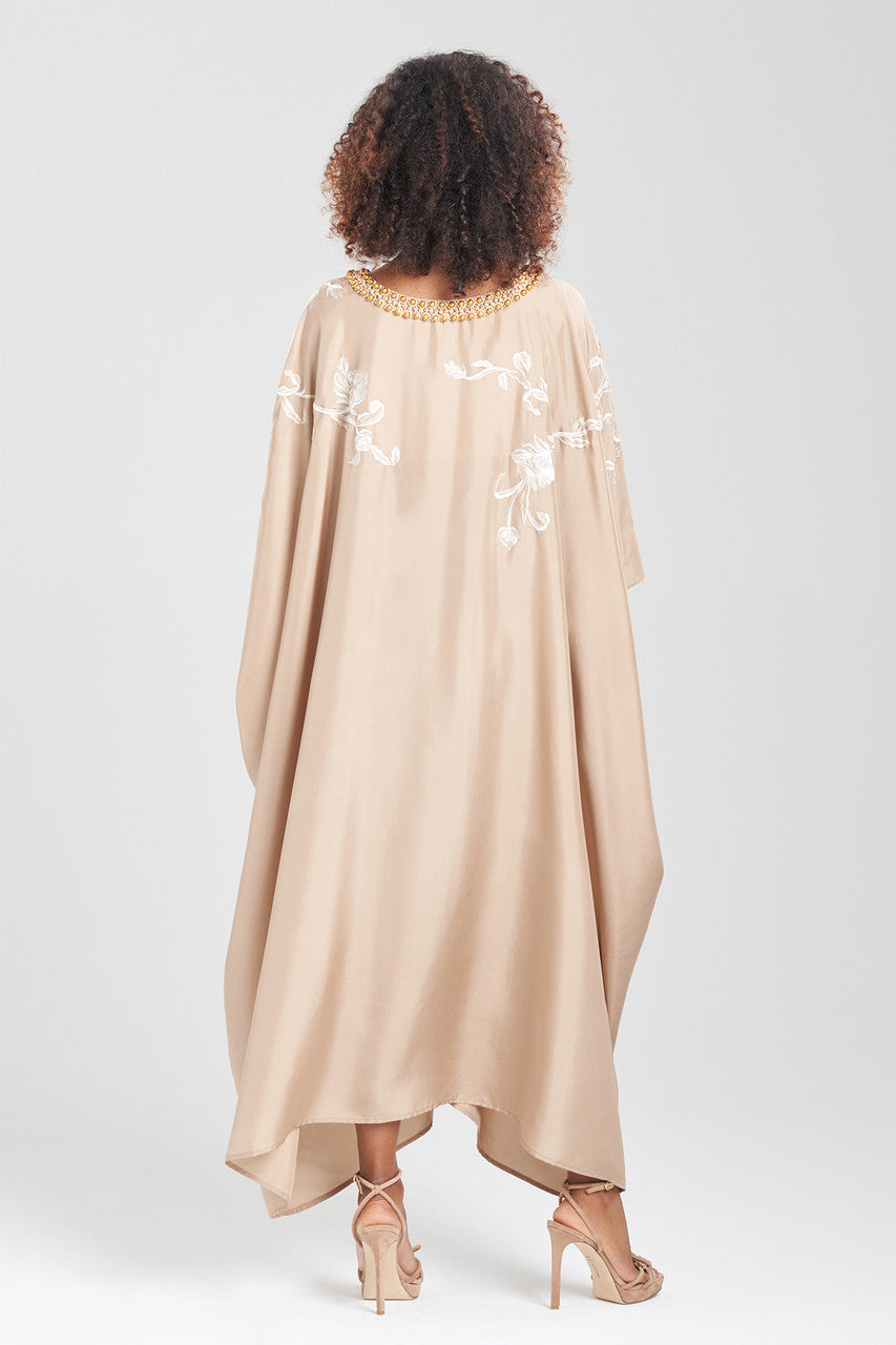 NATORI Buy Shinjo Habotai Embroidered Silk Caftan in Latte Online