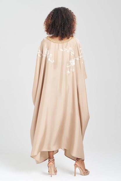 NATORI Buy Shinjo Habotai Embroidered Silk Caftan in Latte Online