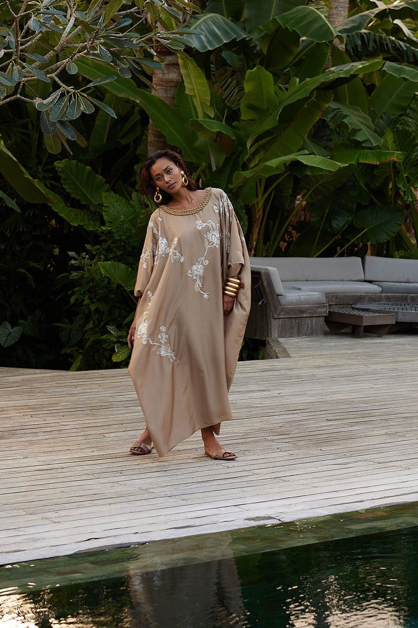 NATORI Buy Shinjo Habotai Embroidered Silk Caftan in Latte Online