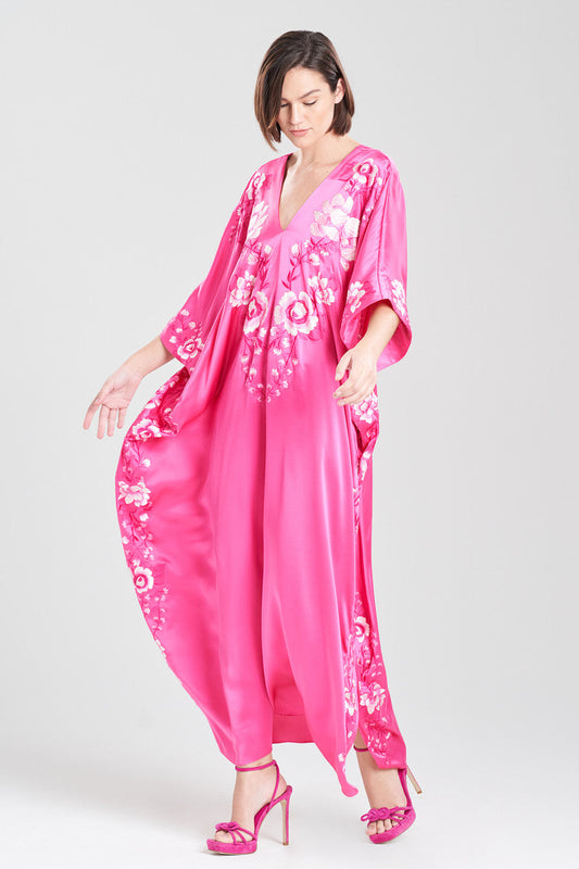 NATORI Buy Couture Hanabi Embroidered Silk Caftan in Pink Sapphire Online