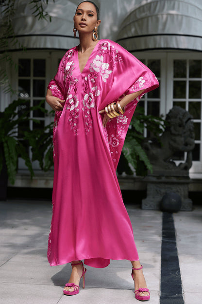 NATORI Buy Couture Hanabi Embroidered Silk Caftan in Pink Sapphire Online