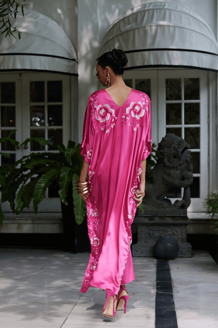NATORI Buy Couture Hanabi Embroidered Silk Caftan in Pink Sapphire Online