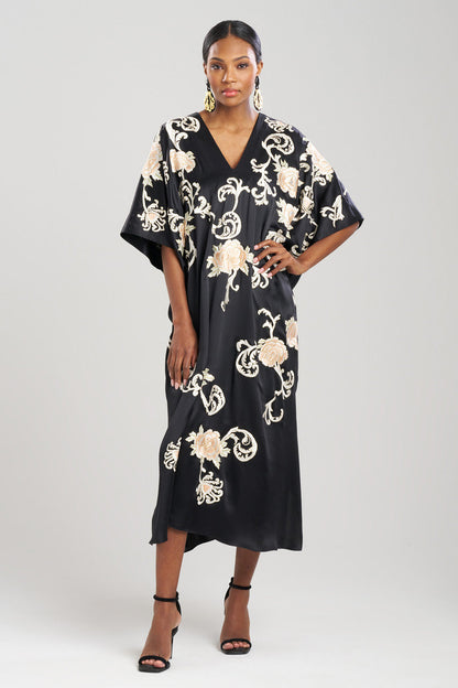 NATORI Buy Key Essentials Embroidered Floral Silk Caftan in Black Online