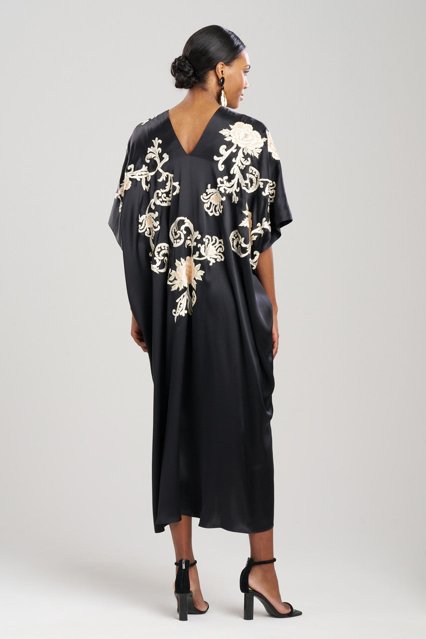 NATORI Buy Key Essentials Embroidered Floral Silk Caftan in Black Online