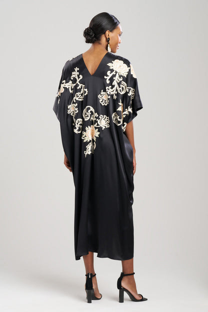 NATORI Buy Key Essentials Embroidered Floral Silk Caftan in Black Online