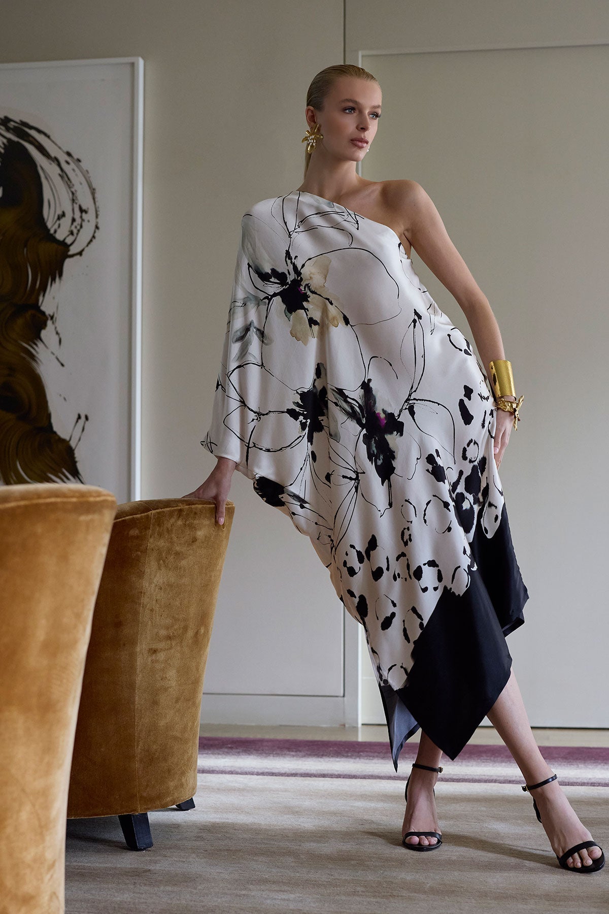 NATORI Yumi One Shoulder Silk Caftan