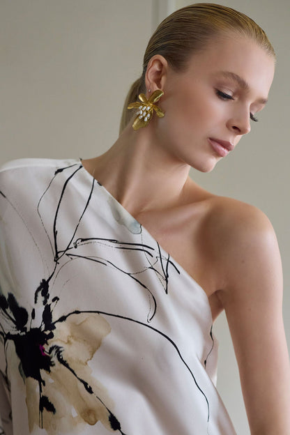 NATORI Yumi One Shoulder Silk Caftan