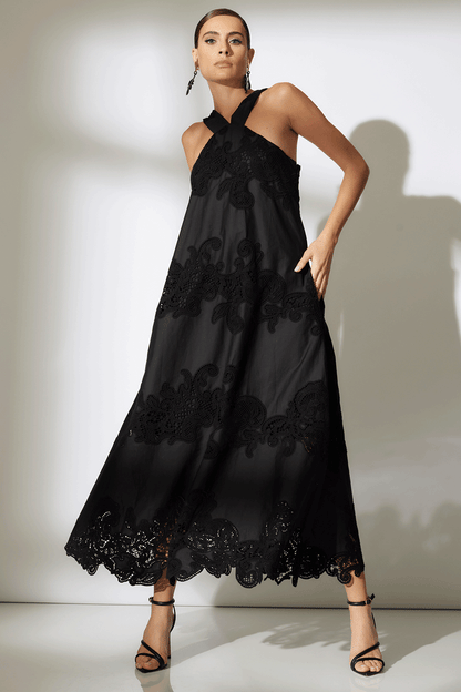 NATORI Buy Madeira Cutwork Embroidered Halter Dress in Black Online