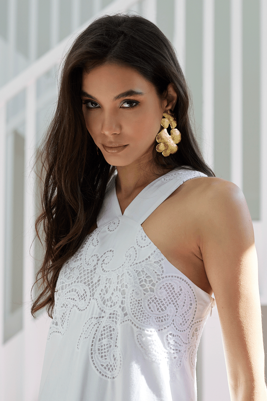 NATORI Buy Madeira Cutwork Embroidered Halter Dress in White Online