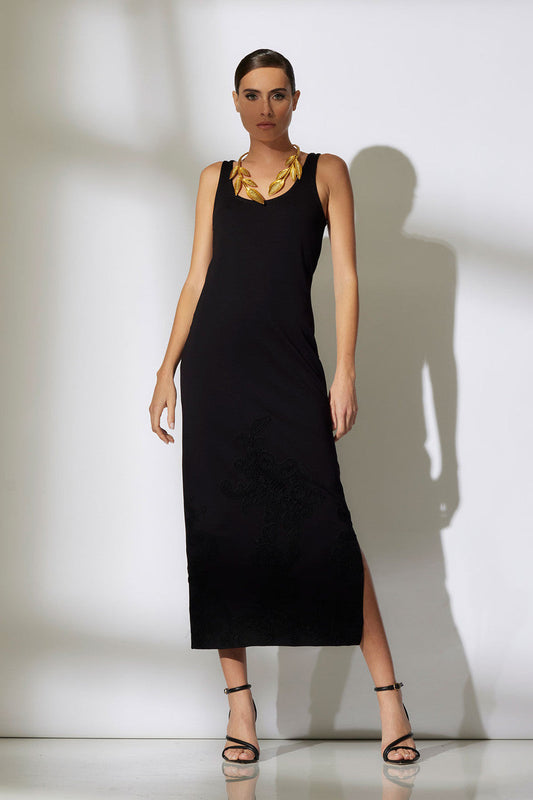 NATORI Buy Light Weight Ponte Embroidered Maxi Dress in Black Online
