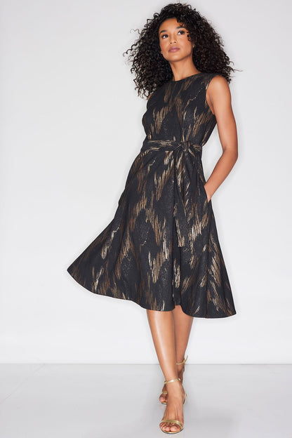 NATORI Art Deco Jacquard Fit & Flare Tie Dress