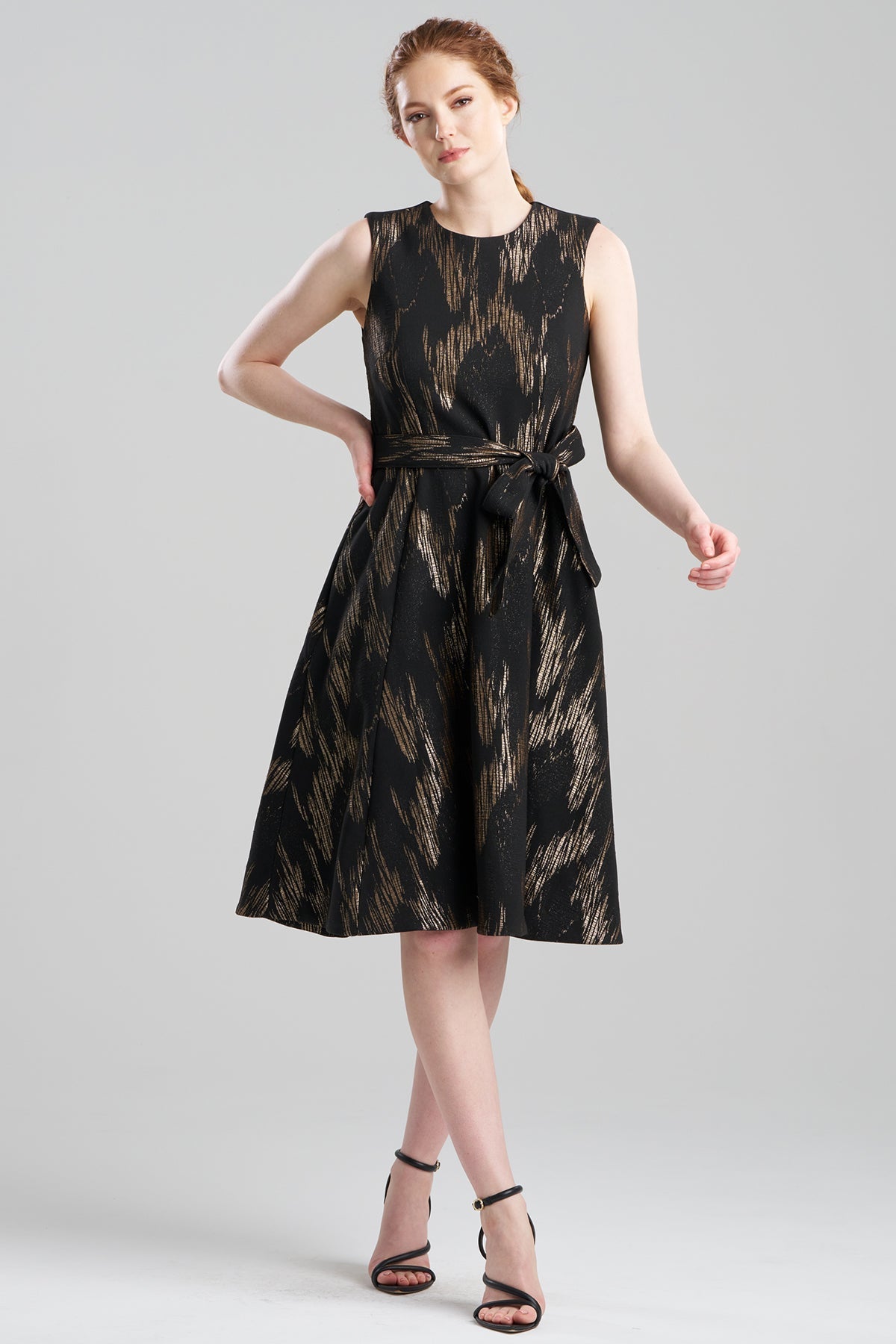 NATORI Art Deco Jacquard Fit & Flare Tie Dress