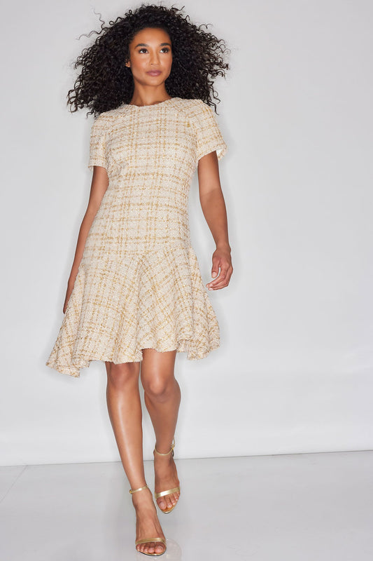 NATORI Sparkle Tweed Short Sleeve Flounce Dress