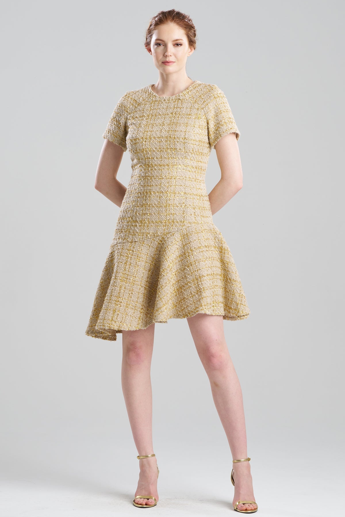 NATORI Sparkle Tweed Short Sleeve Flounce Dress