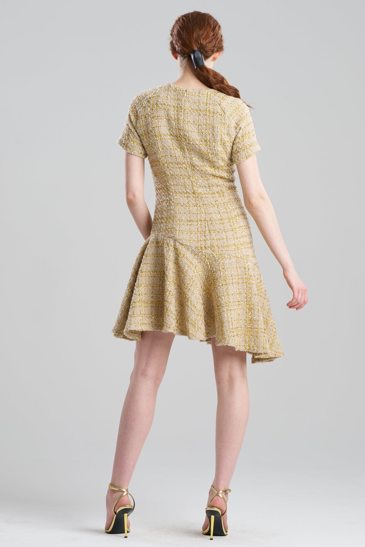 NATORI Sparkle Tweed Short Sleeve Flounce Dress