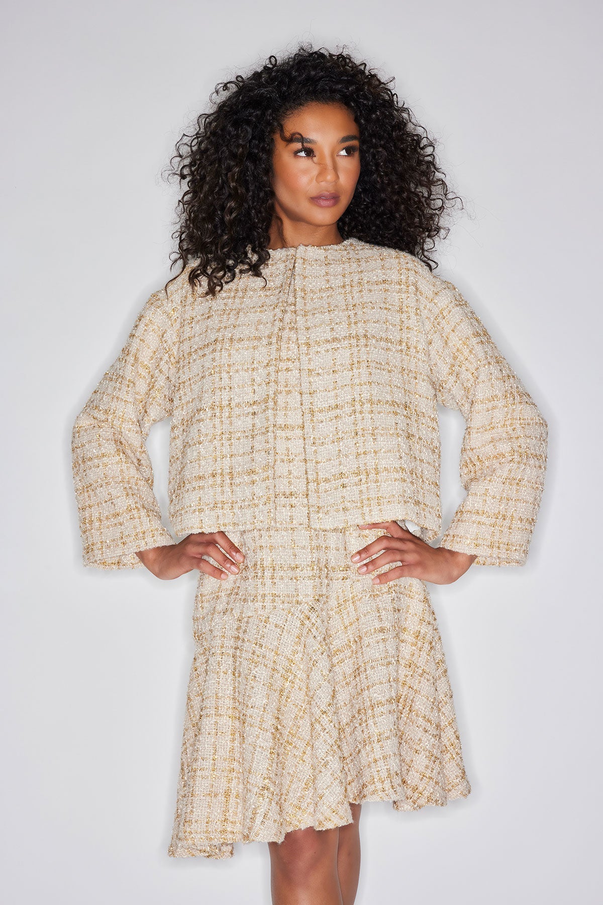 NATORI Sparkle Tweed Short Sleeve Flounce Dress