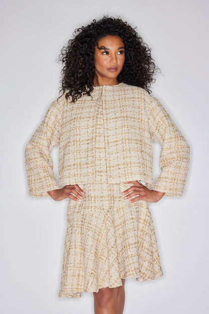 NATORI Sparkle Tweed Short Sleeve Flounce Dress