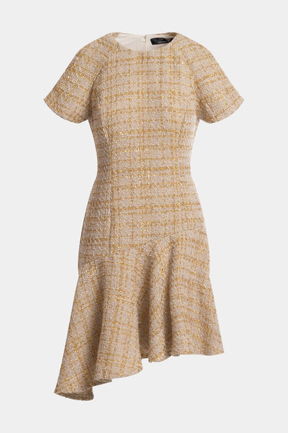 NATORI Sparkle Tweed Short Sleeve Flounce Dress
