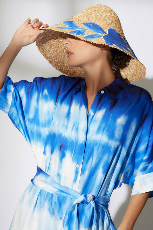 NATORI Buy Santorini Printed Cotton Silk Belted Shirtdress in Majorelle Online