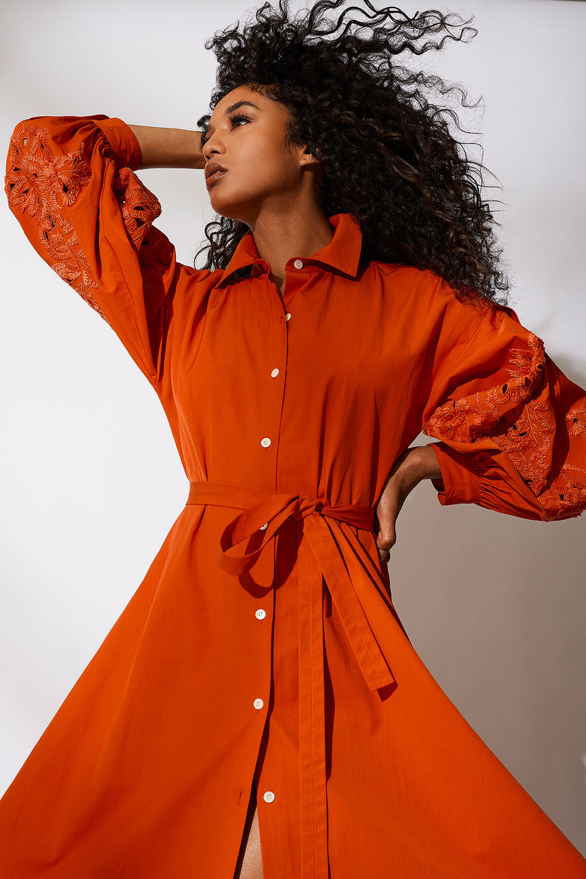 NATORI Buy Tech Cotton Taffeta Embroidered Shirtdress in Tangerine Orange Online